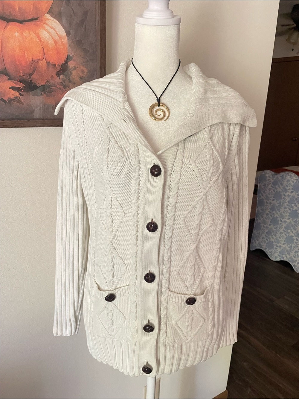 Karen Scott Y2K Cream Cable Knit Foldover Collar Button Front Cardigan Sweater